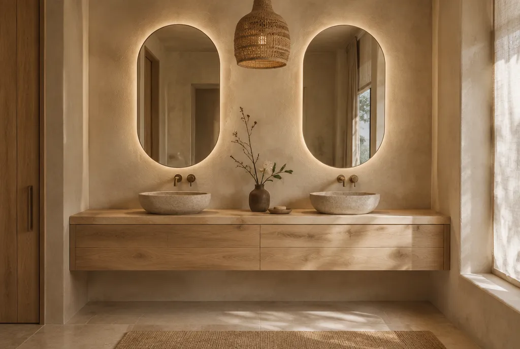 Japandi double vanity in raw oak with carved stone basins (design concept)