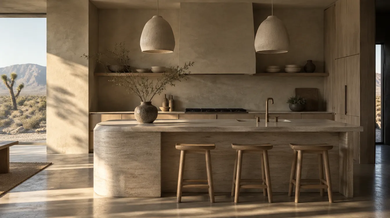 Wabi-sabi kitchen with lime plaster walls, raw oak cabinets and a travertine island (design concept)