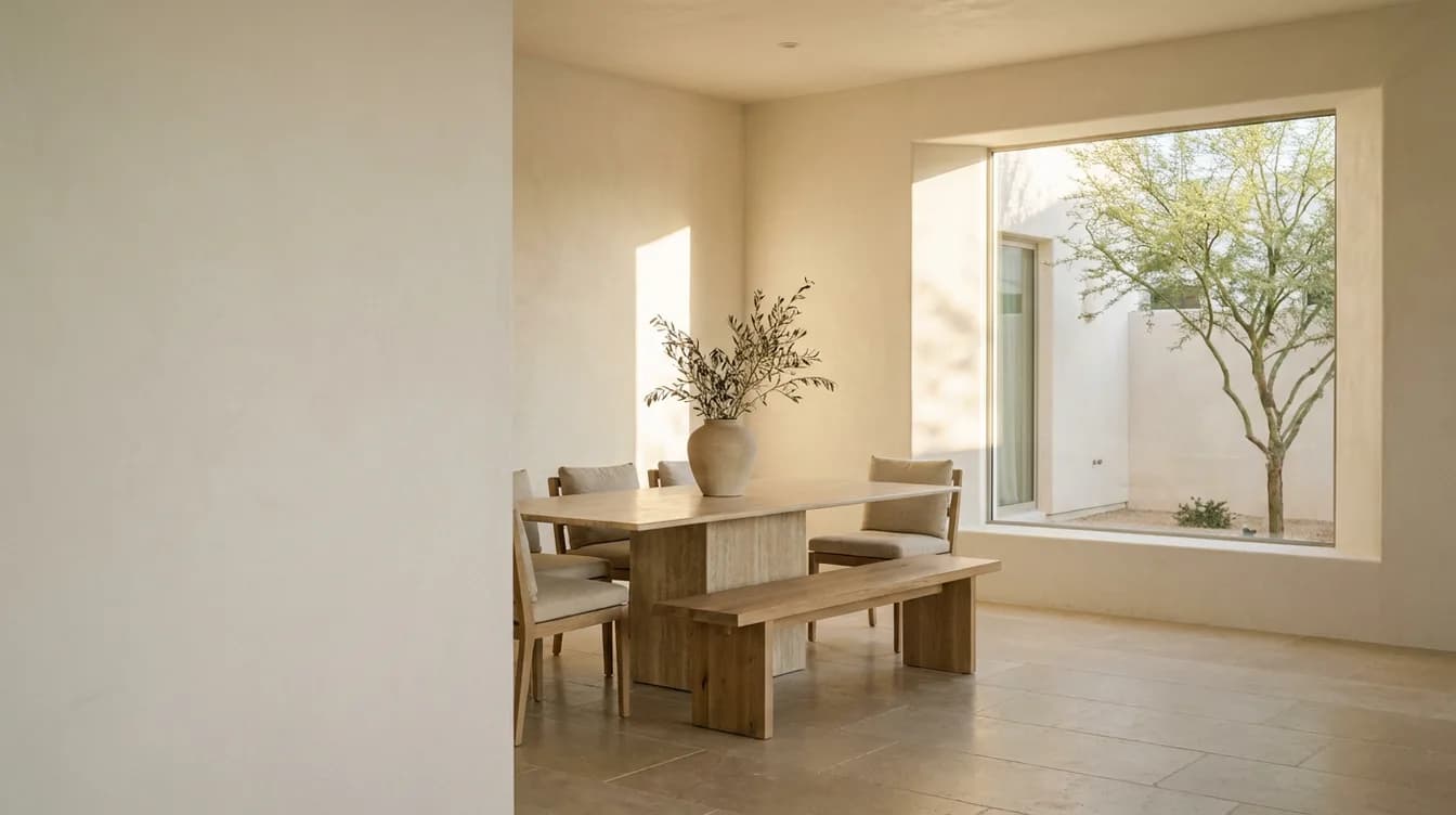 Wabi-sabi dining room with lime plaster walls, a travertine table, oak bench and a courtyard mesquite tree (design concept)