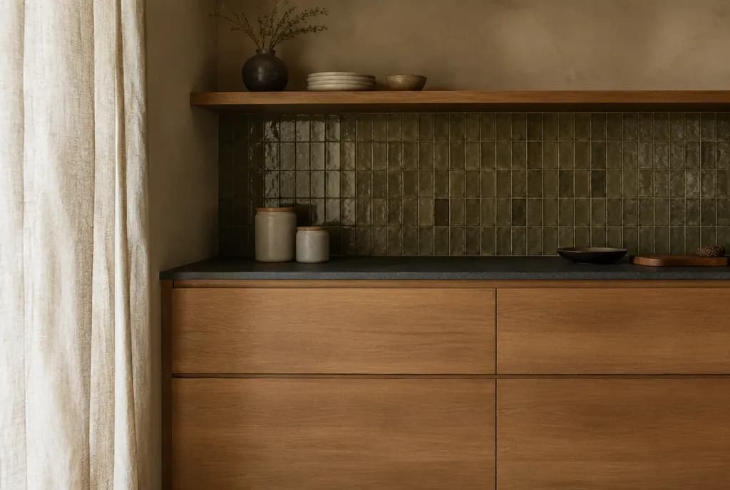 Oak kitchen with moss green handmade tile and charcoal stone counter (design concept)