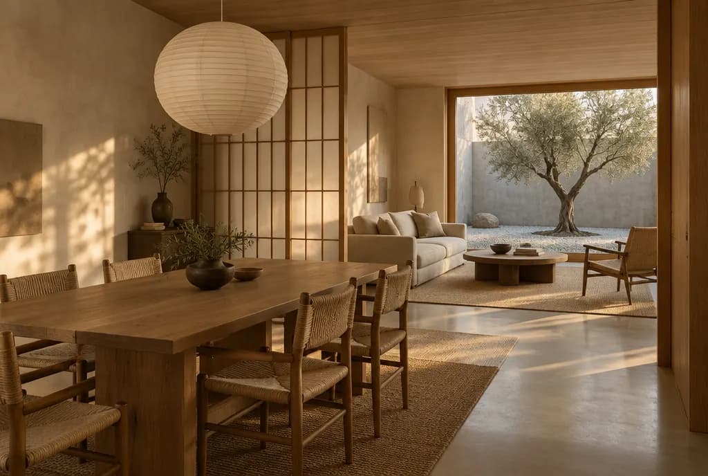 Japandi dining room opening to a zen courtyard with an olive tree (design concept)