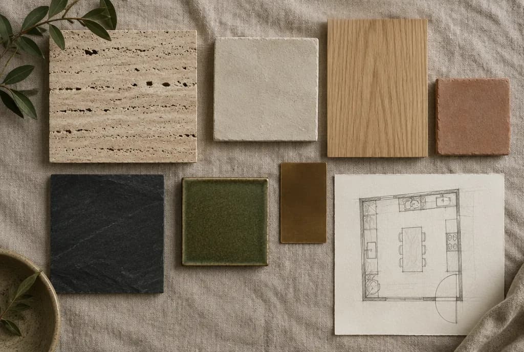 Material samples on linen: travertine, plaster, oak, clay tile, slate and a floor plan sketch (design concept)