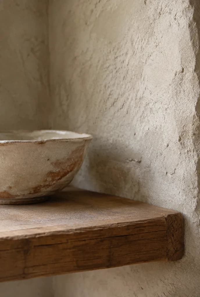 Lime plaster wall, raw oak shelf and a handmade ceramic bowl (design concept)
