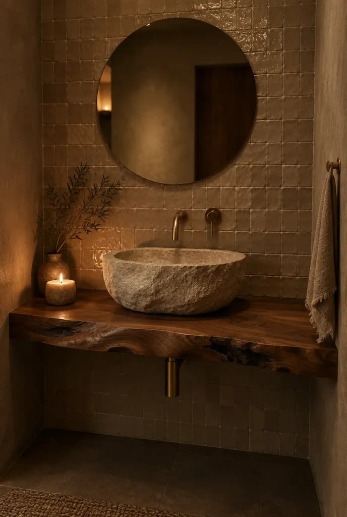 Powder room with a carved stone vessel sink on a live-edge walnut slab (design concept)