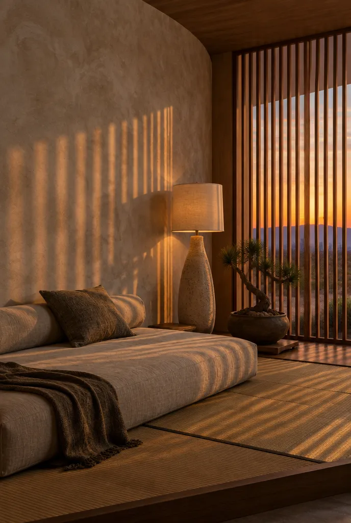 Reading nook with linen daybed, curved limewashed wall and slatted light (design concept)