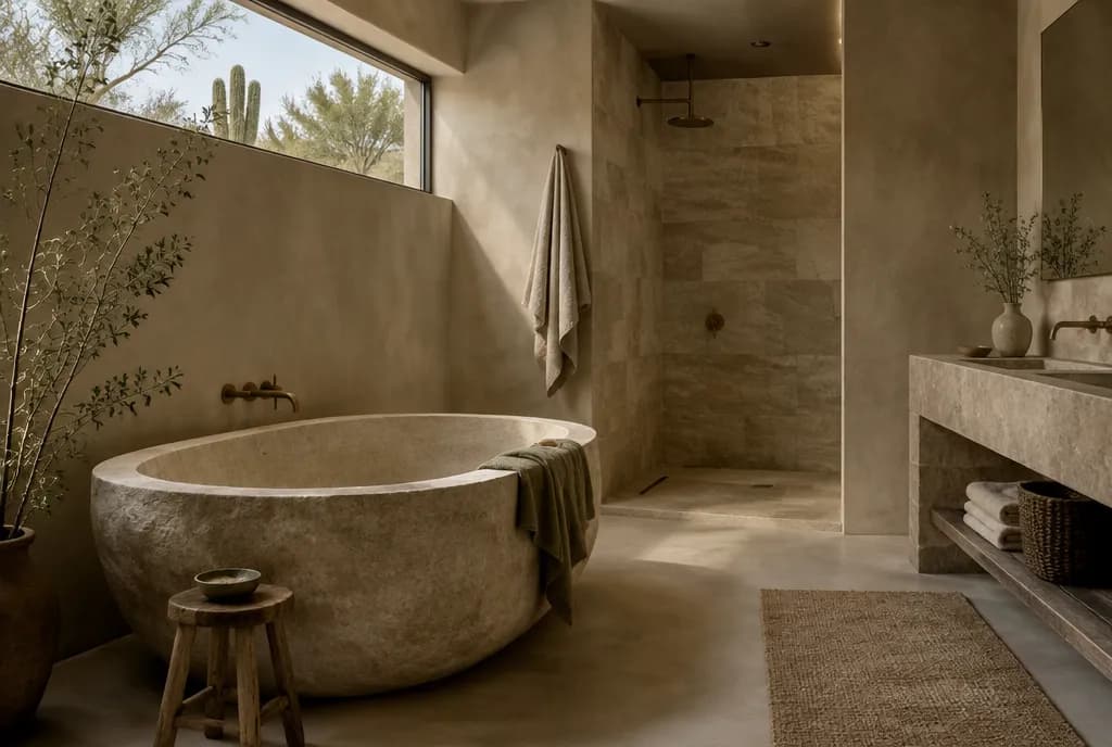 Spa bathroom with a carved stone soaking tub and warm microcement walls (design concept)