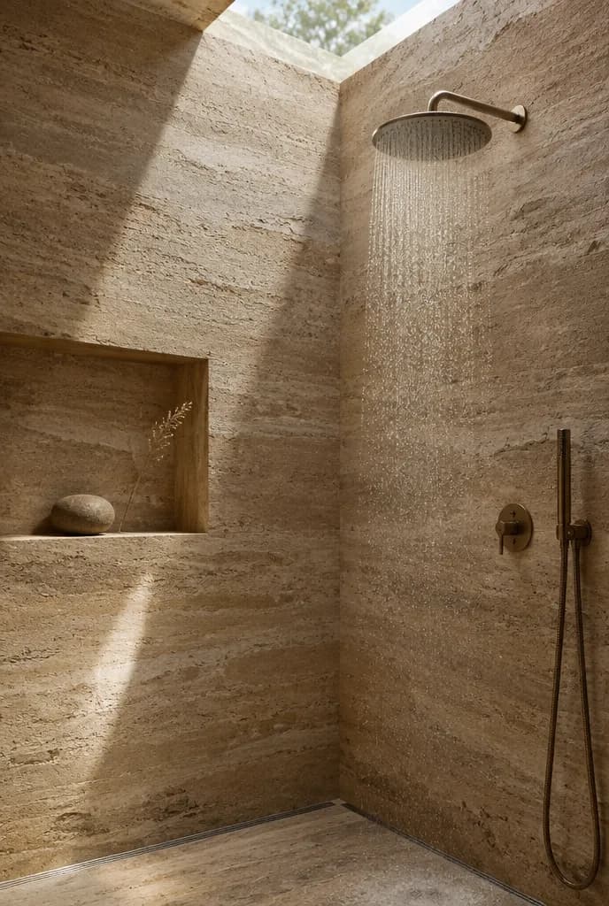 Travertine shower with a stone niche and skylight (design concept)