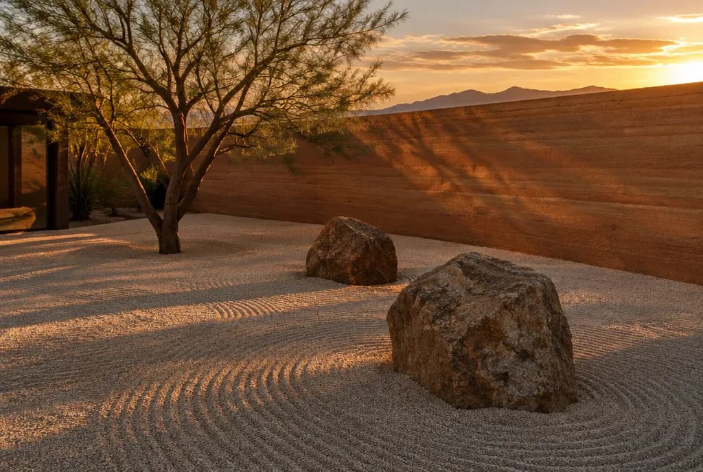 Zen courtyard with raked gravel, boulders and a desert tree at sunset (design concept)