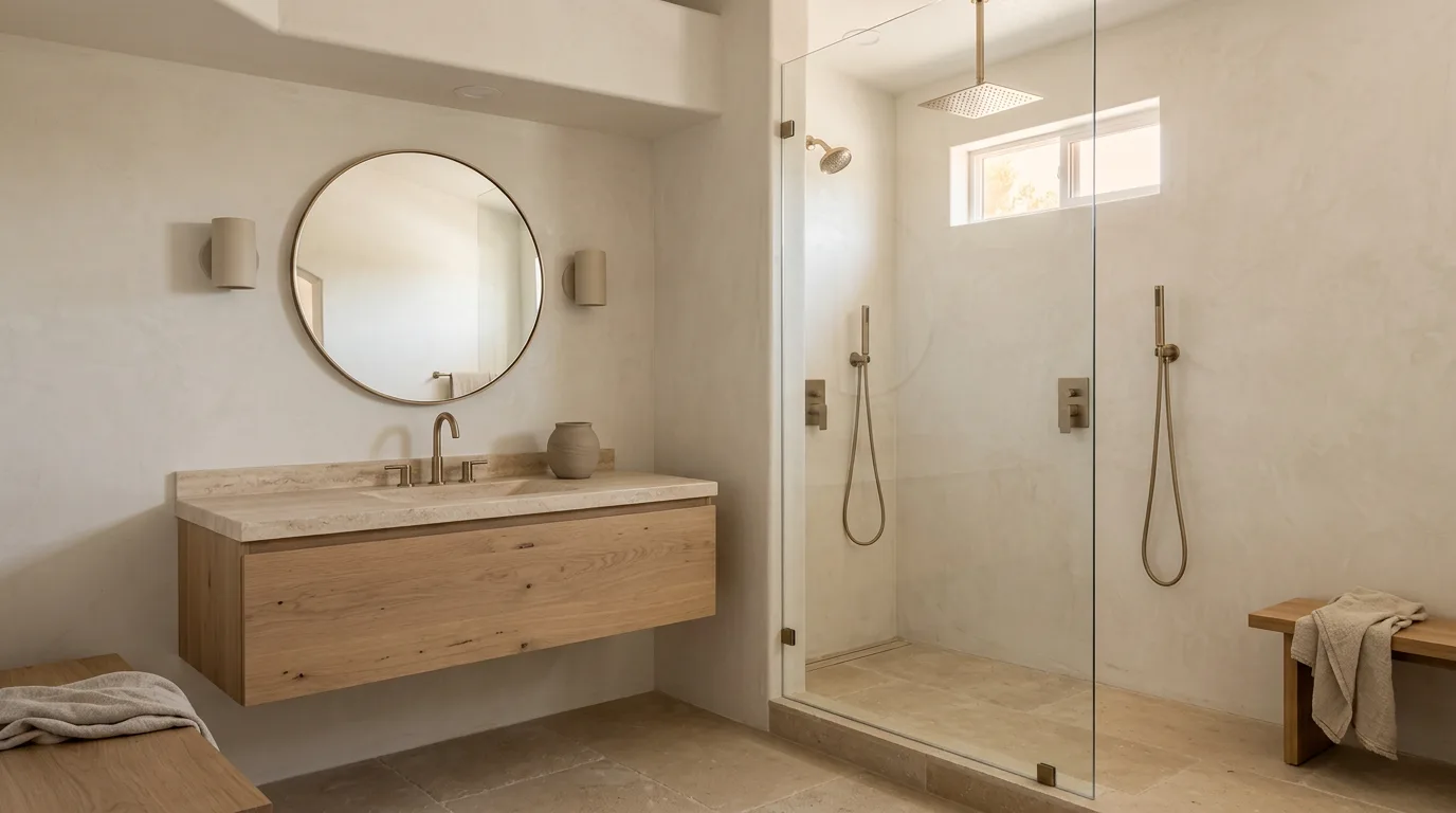 Spa bath with plaster walls, floating oak vanity and round mirror (design concept)