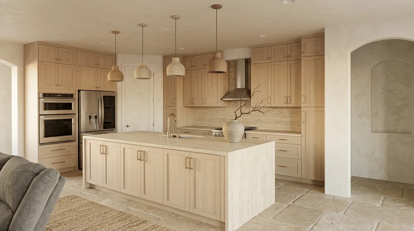Kitchen with a raw oak island, travertine counters and ceramic pendants (design concept)