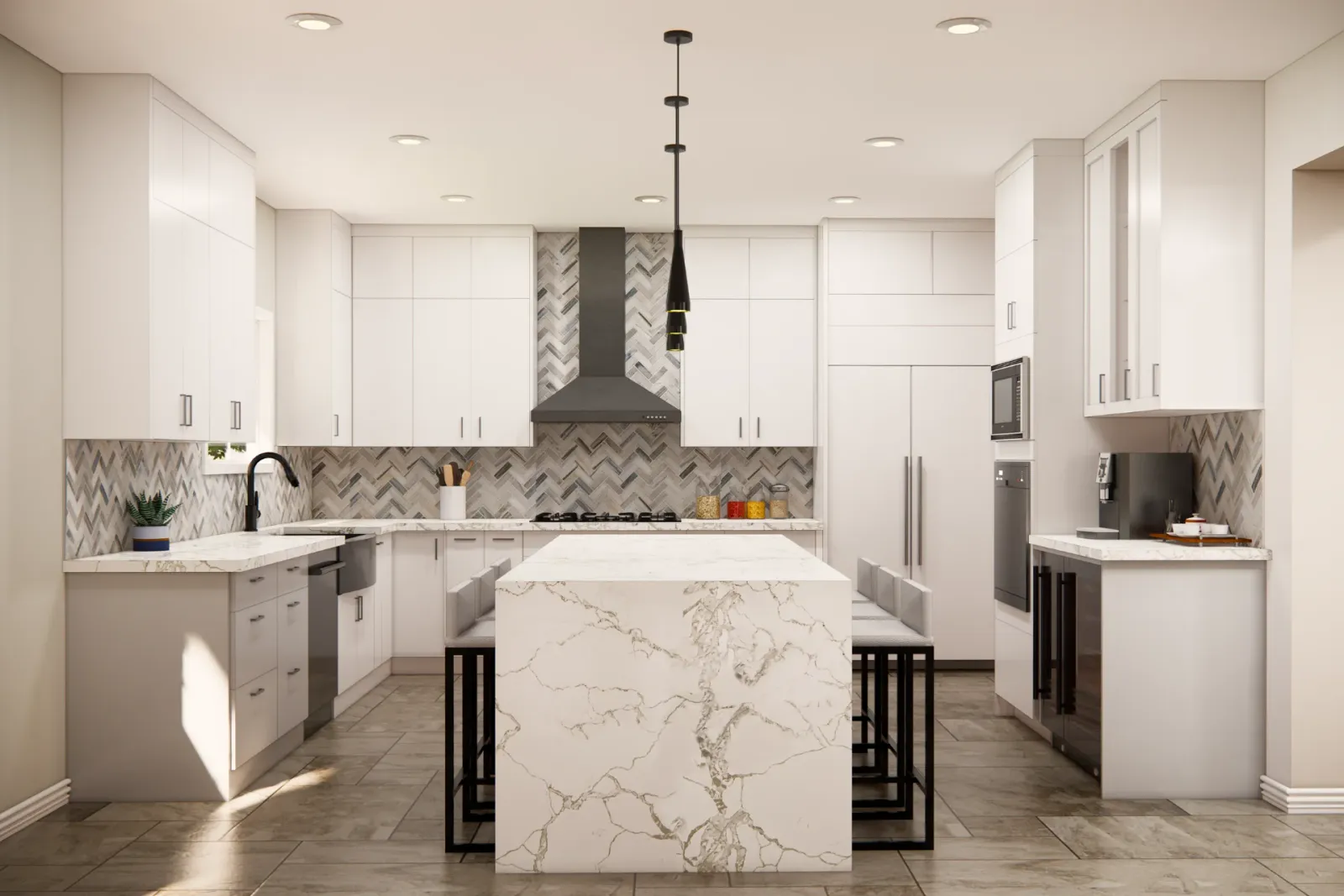 3D rendering of the same kitchen with a marble-look waterfall island and herringbone backsplash