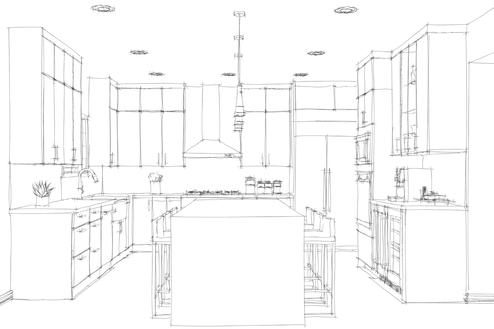 Hand sketch of a kitchen layout with a waterfall island