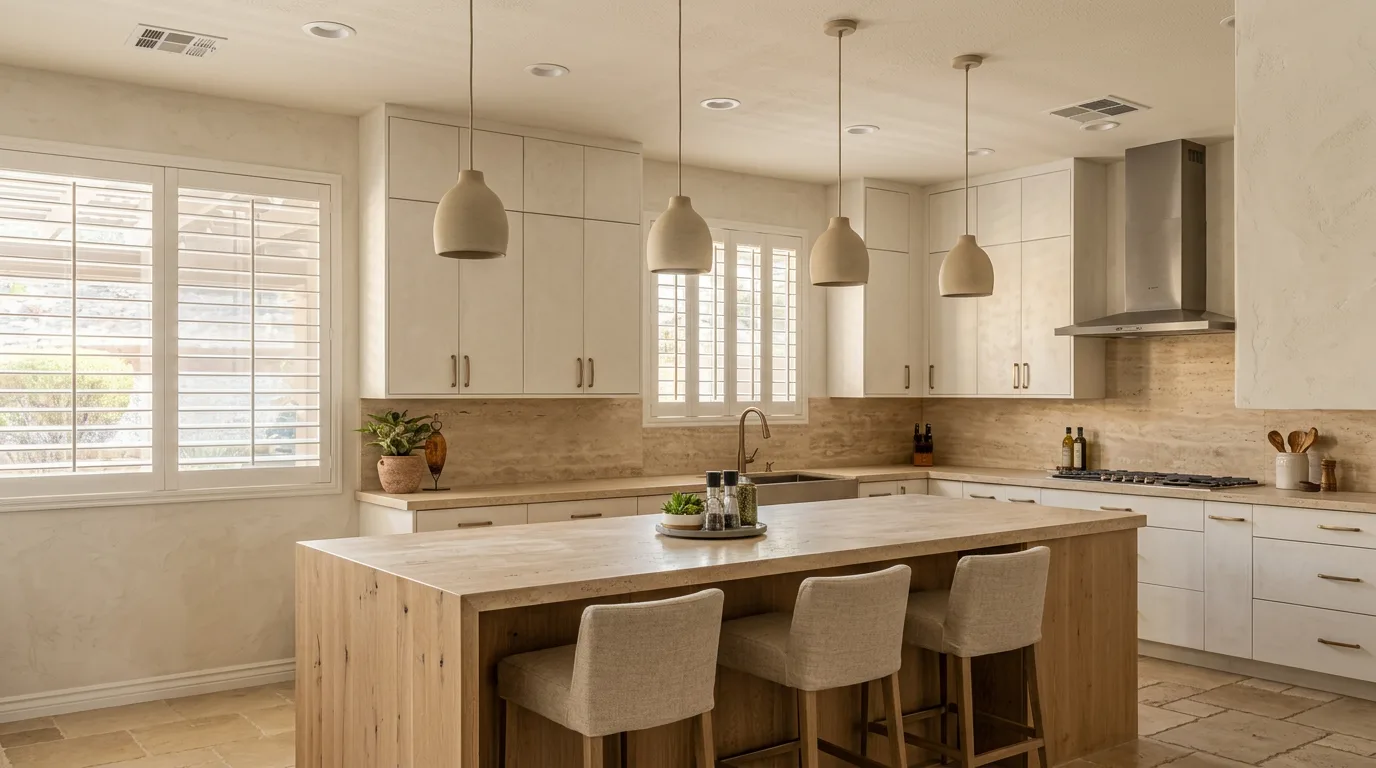 Open kitchen with plaster cabinets, oak island and linen stools (design concept)