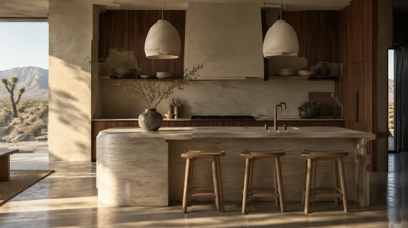 Concept kitchen with walnut cabinetry behind a travertine island (design concept)