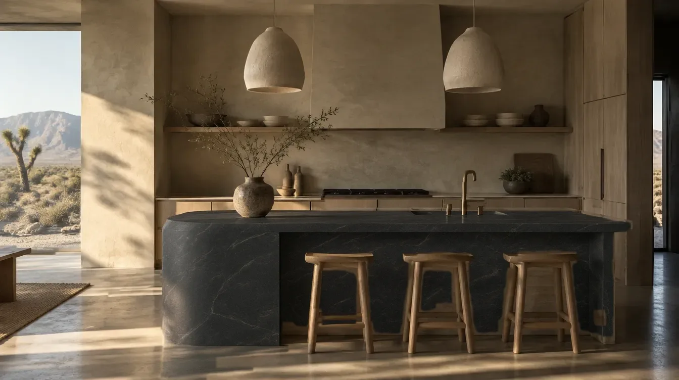 Concept kitchen with a honed charcoal stone island (design concept)