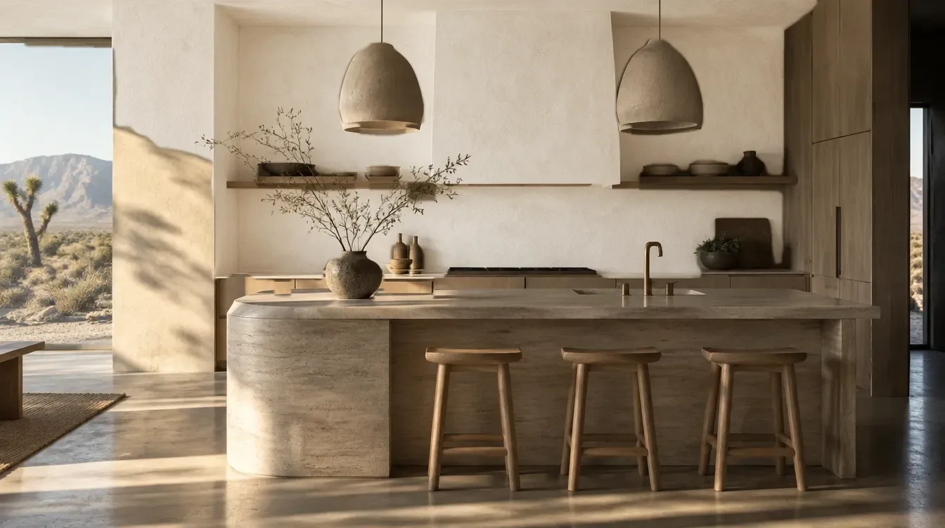 Concept kitchen with warm white lime plaster walls (design concept)